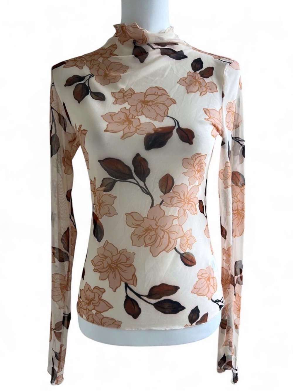 Favorite Daughter Brown Floral Sheer Mesh Long Sleeve Top Size M